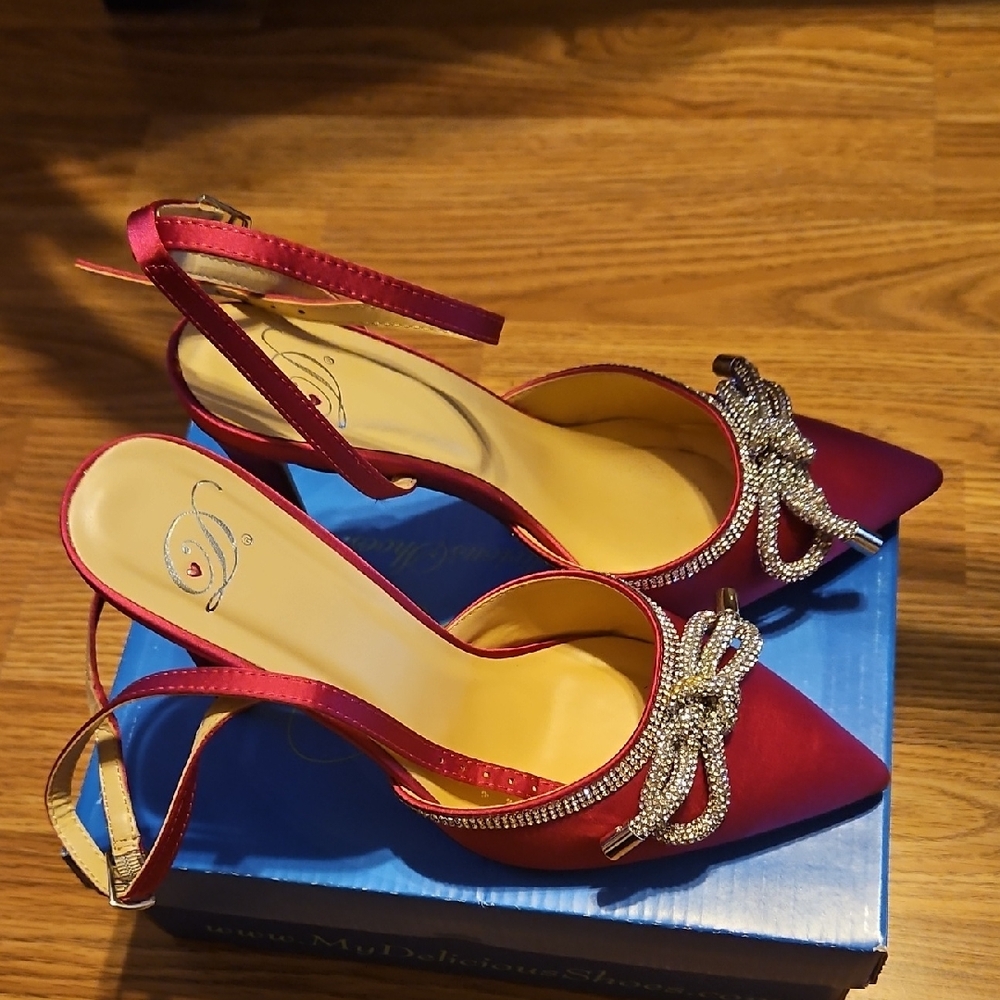 Delicious Red Satin Heels with Sparkling Bow